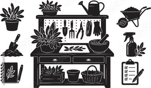 Garden potting bench, gardening tool icons, vector set