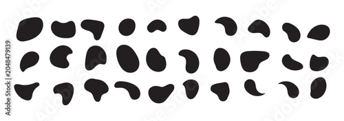 Foto Set of abstract organic black liquid blobs and fluid splash shapes with rounded edges and floating droplets isolated on white background for modern graphic design