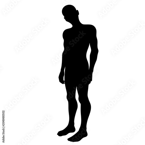 Full body male silhouette vector, standing man figure in black profile, athletic human body shape isolated on white background