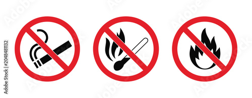 Bild auf Leinwand No Open Fire Warning Signs Vector Set with No Smoking Symbols, Match Restriction
