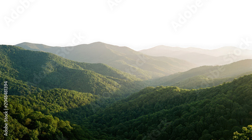 Panoramic view of misty layered mountain ridges covered in dense green isolated on transparent background
