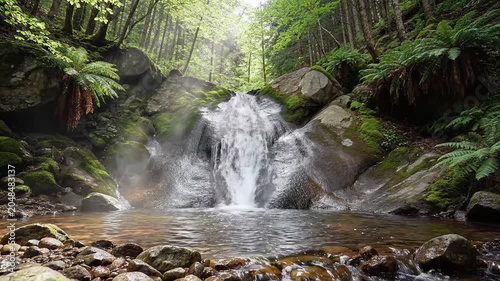 Cascading waterfall flowing into clear pool surrounded by lush green ferns and moss covered rocks