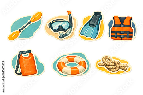 illustrated collection of water sports and safety equipment including paddle, snorkel gear, flippers, life vest, dry bag, life ring, and rope