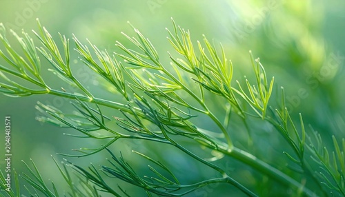 Fresh green dill fronds in soft natural sunlight, macro closeup of organic herbal foliage, culinary herb gardening, botanical texture, nature aesthetic