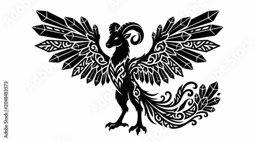 Foto mythical creature phoenix silhouette with ram horns and geometric crystal wings
