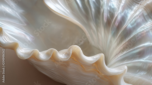 Detail of seashell interior, pearlescent white background