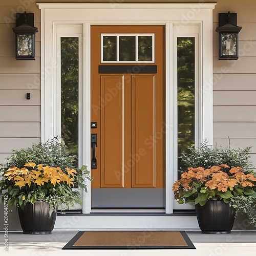 Brown front door with transom window and plants on porch.