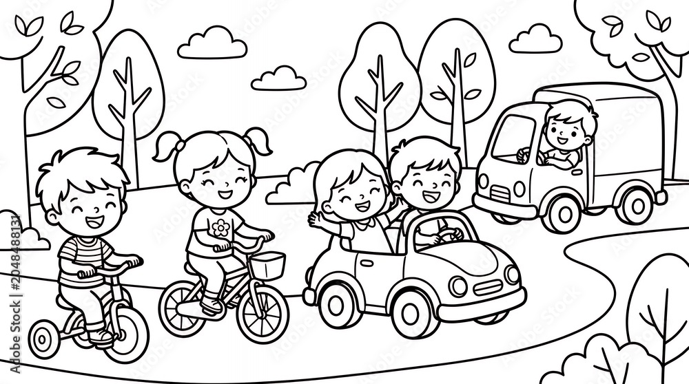 Fototapeta premium Kids riding bicycles and cars in park