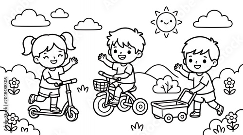 Children playing outside on sunny day with scooter bike and wagon
