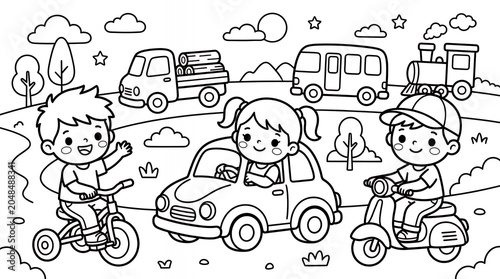 Kids riding bicycles and toy vehicles in a park
