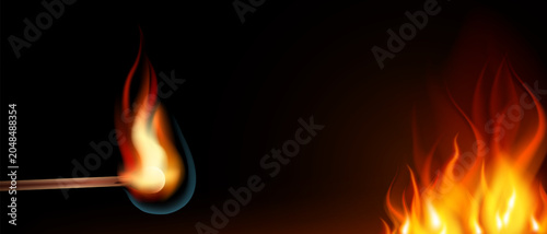 Canvas Print Fire flame lit match, Hot bright flame conflagration arson, Gradient mesh match