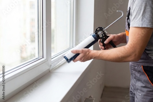 Construction worker sealing a white window frame with a caulking gun for insulation and weatherproofing.