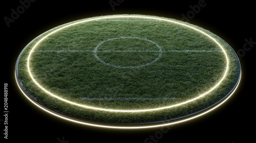 Medium shot of a glowing 3D soccer midfield circle with textured turf and bright white boundary lines softly illuminated by neon rim light against a transparent background.
