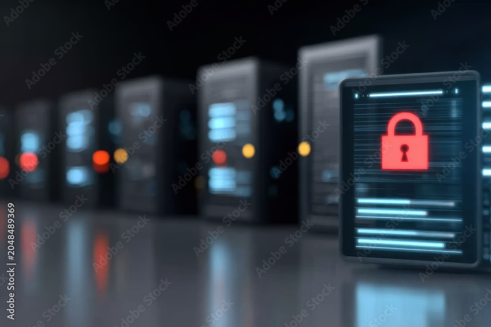 Fototapeta premium A secure server in cyberspace protects the database with a firewall while encryption and a password keep everything private today.