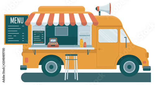 Canvastavla Orange food truck side view, menu coffee white chair poster vector illustration