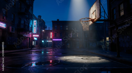 Authentic Urban Playground Outdoor Basketball Court at Night with a Rusty Hoop and Weathered Backboard Lit by a Single Dramatic Overhead Streetlight, Moody City Neighborhood Street Scene
