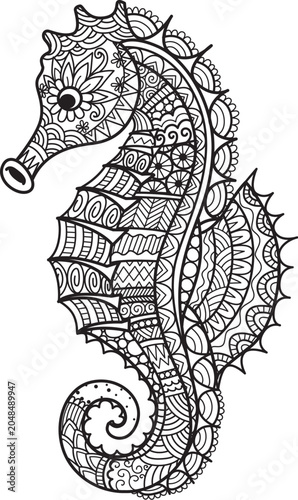 Hand drawn abstract Seahorse for coloring book, shirt design or tattoo	