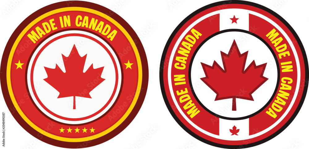 Fototapeta premium Made in Canada Premium Quality Certification Badge Featuring Bold Red Maple Leaf Emblem with Elegant Gold Circular Border Design Symbolizing Authentic Canadian Manufacturing Excellence and National Pr