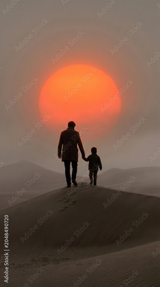 Fototapeta premium A silhouette of a child holding their parent's hand walking toward a massive glowing sun amidst thick atmospheric fog with warm monochromatic cinematic lighting depth