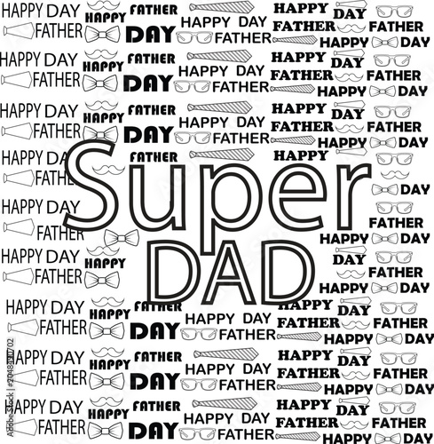 Super Dad typographic seamless pattern with Happy Father's Day elements outline vector illustration on white background.