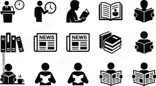 Reading and Education Icon Set with Book Newspaper and Student Study Symbols for Library Websites