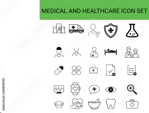 A collection of medical and business vector icons for web design, website illustration, and mobile network applications