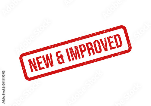 Red new and improved stamp with bold text