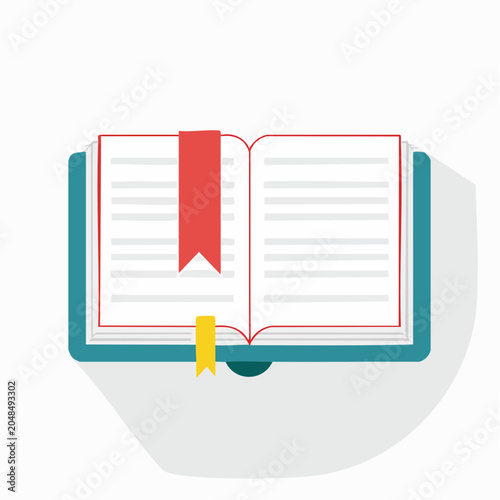 Open book with red and yellow bookmarks, flat design