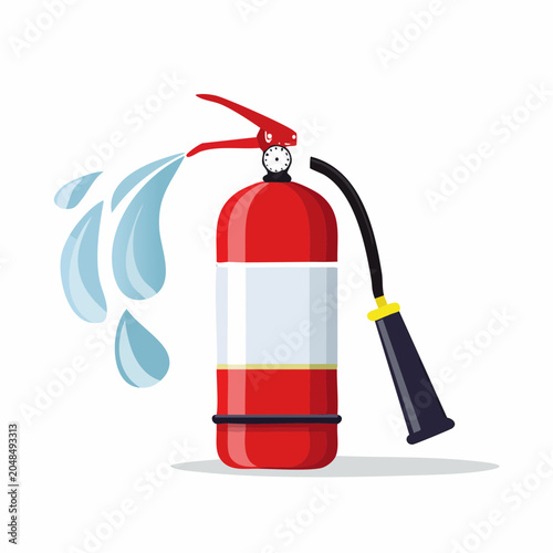 Red fire extinguisher spraying water, flat design