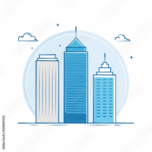 Modern Cityscape with Three Tall Buildings and Clouds