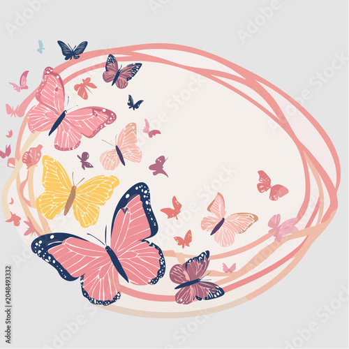 Pink and yellow butterflies flying in a swirl pattern