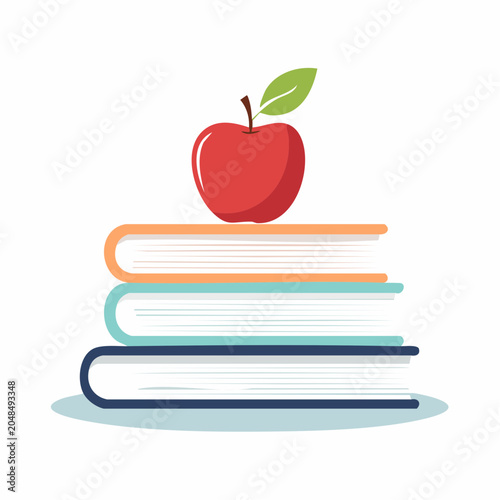 Stack of Books with Red Apple and Leaf