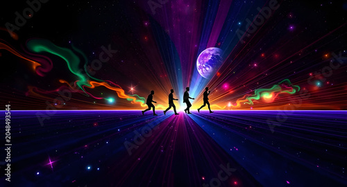 Astronaut Silhouettes Walking on Cosmic Rainbow Laser Beam Plane