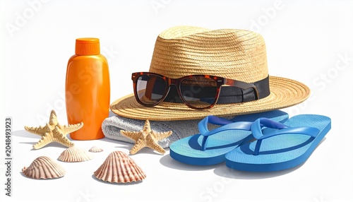 Summer vacation travel essentials with sunscreen, hat, sunglasses, flip flops, and seashells