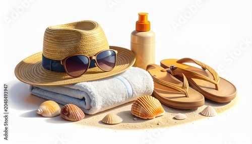 Summer vacation travel essentials laid out on sandy beach with hat, towel, and sunscreen