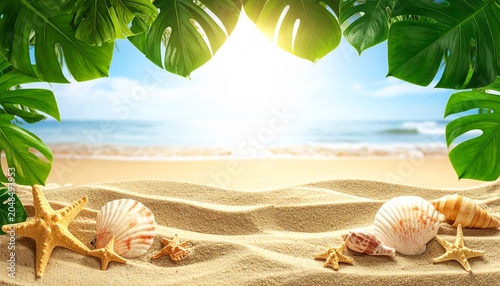 Summer vacation beach scene with seashells and starfish on sandy shore during travel