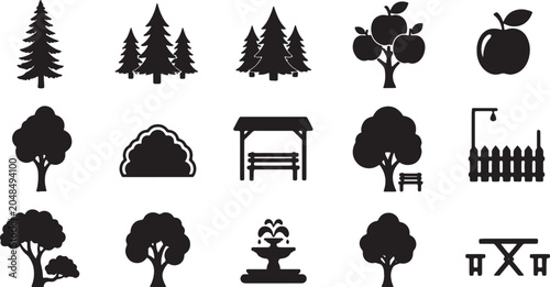 Black silhouette collection of park and garden icons featuring coniferous and deciduous trees, apple tree, garden fountain, gazebo, picket fence, and picnic table set.