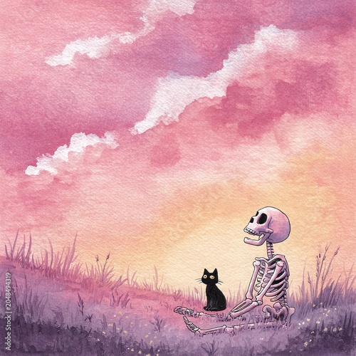 Whimsical Skeleton and Black Cat in Pastel Sunset Landscape Watercolor Illustration for Contemplative Halloween Art