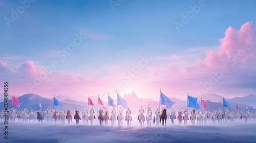 Epic Horse Cavalry Charge at Sunrise with Vibrant Flags in Misty Fantasy Landscape