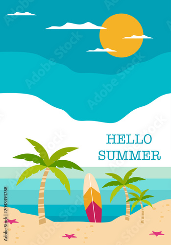 Vector flat illustration. Poster with sea and beach. Relaxation concept. Perfect for summer sales.