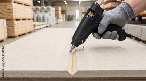 A worker applies hot glue to a construction board using a glue gun in an industrial setting, focusing on precision and assembly