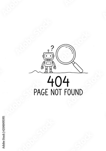 Cute Robot Searching with Magnifying Glass 404 Page Not Found Vector Illustration for Website Error Detection Technical Support and User Experience Design