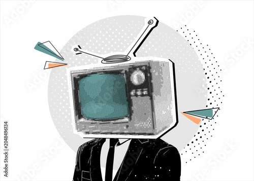 Trendy Halftone Collage person with retro TV monitor head. Digital technology's role in spreading hoaxes and mass media manipulation concept. Vector illustration