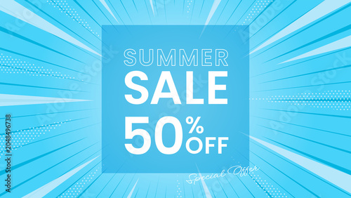 Summer Sale Sky Blue Sunburst Background Banner, スカイブルー 放射線 セール 背景