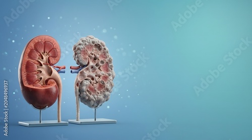 Healthy Kidney vs Polycystic Kidney Disease PKD Medical Comparison Illustration