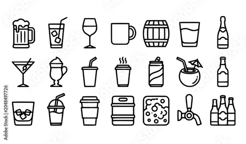 Quadro su tela Alcoholic drinks and non alcoholic beverage line icons set for bar cafe restaura