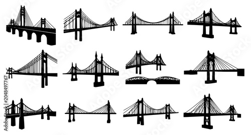 Fotografie Collection of black bridge silhouettes including structural highway crossings ov