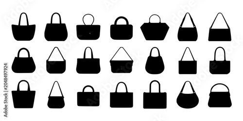 Handbag Icon Set with Various Silhouettes in Black on Transparent Background for Fashion and Accessories Branding