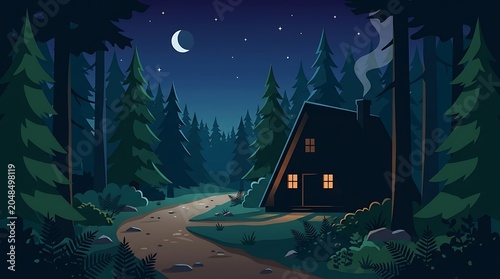 cozy cabin in a dark pine forest at night under a starry sky