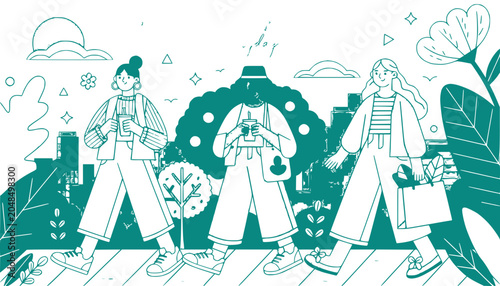 Three diverse women walking together in a city, carrying drinks and shopping bags.